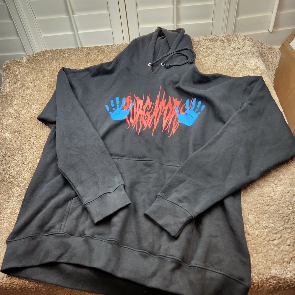 Purgatoryβ Black Graphic Hoodie Mens XL Cross Handprints Streetwear Made in USA